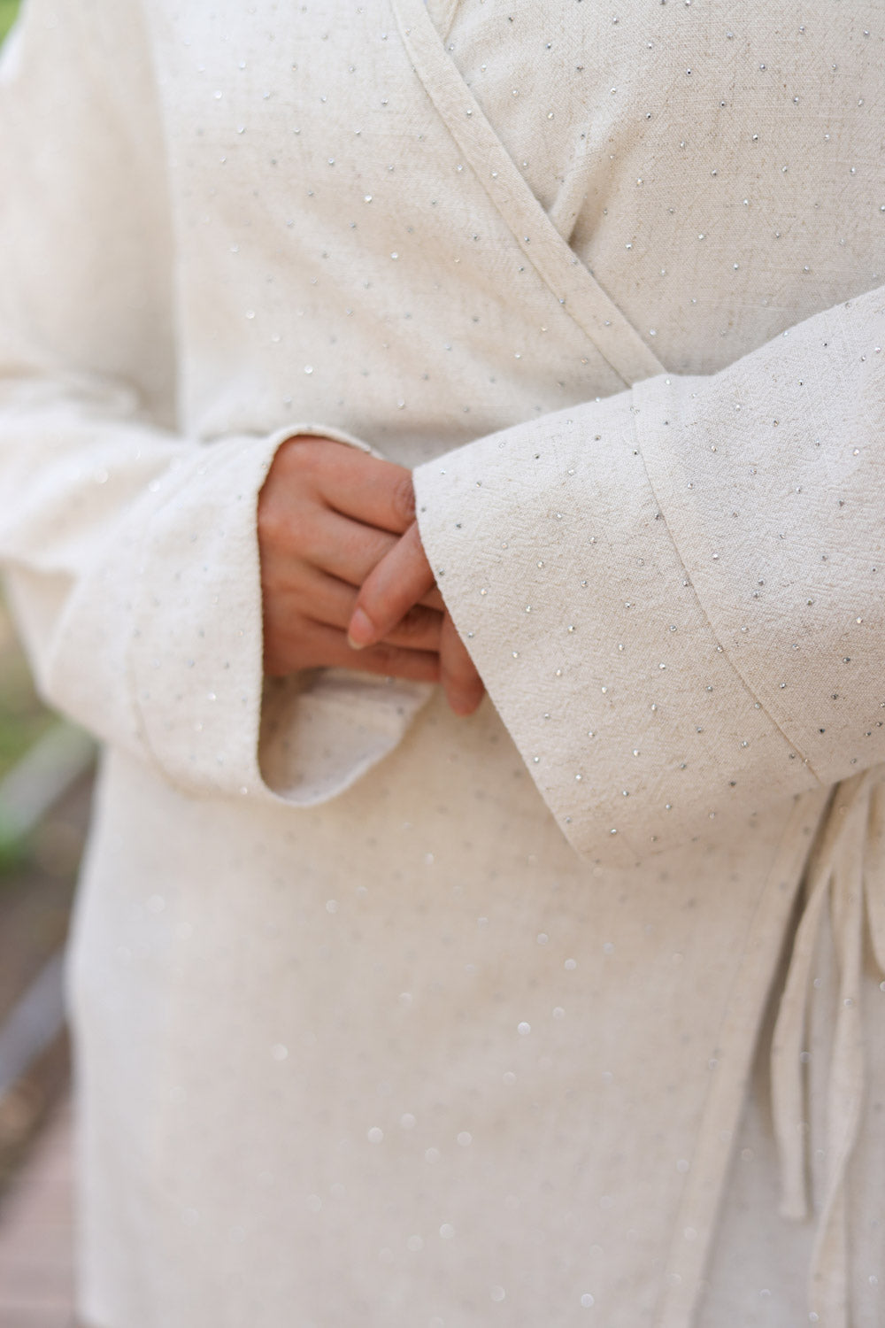 wrap studded linen shirt in beige