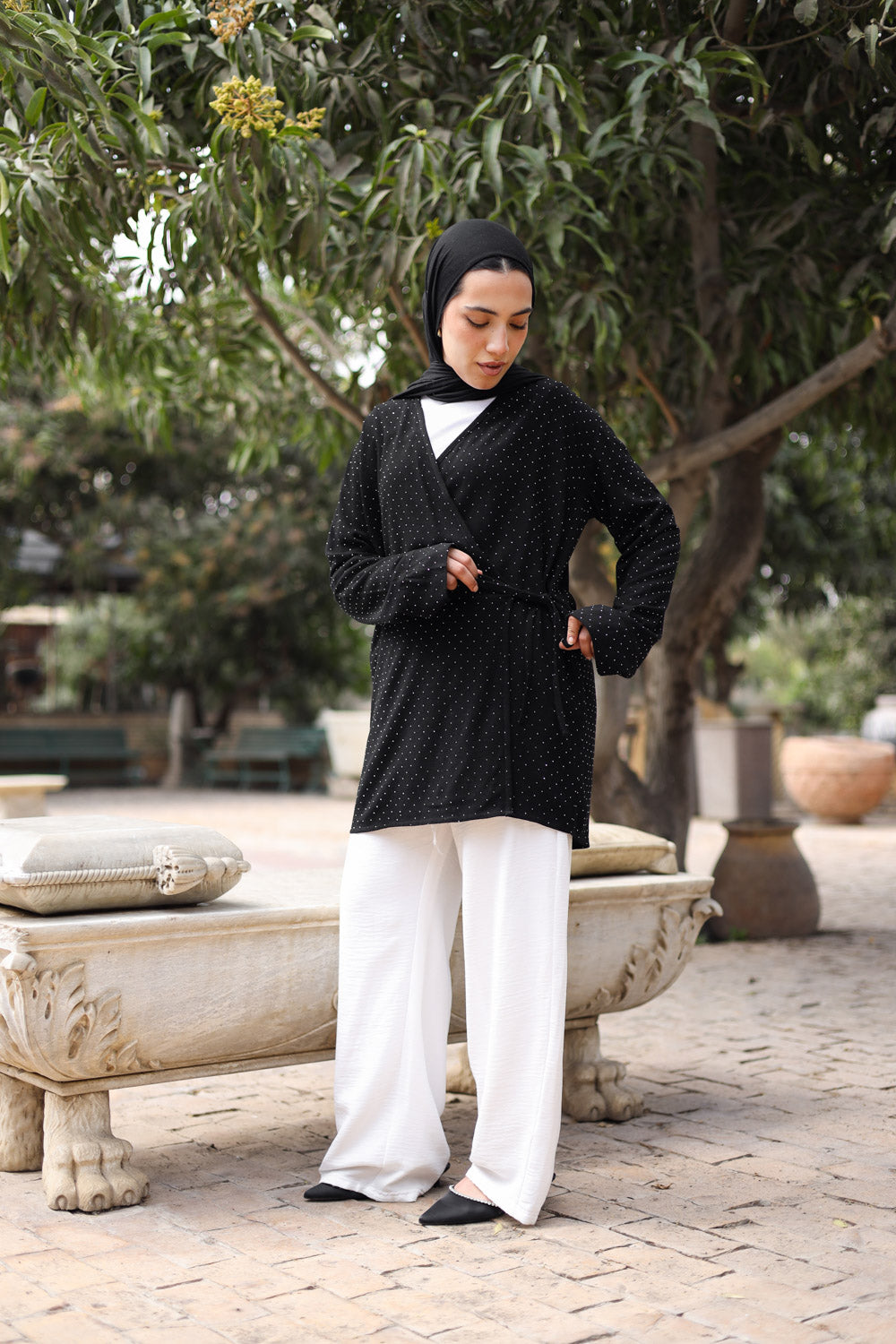 wrap studded linen shirt in black
