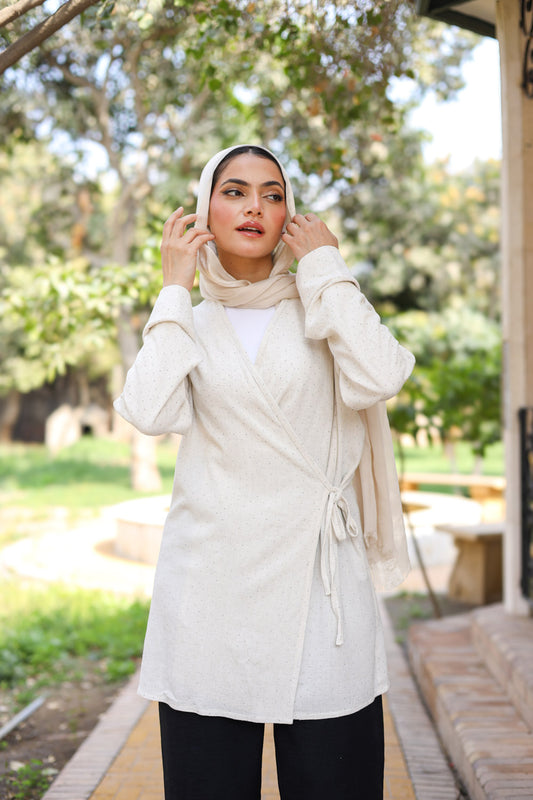 wrap studded linen shirt in beige