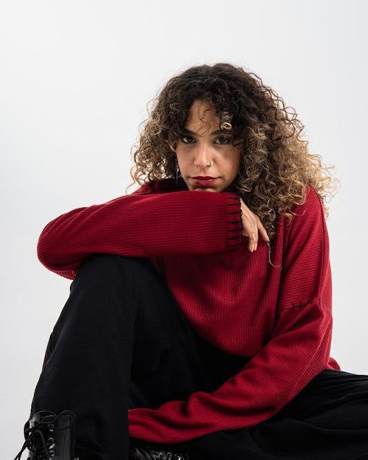 Red stitched ribbed  sweater