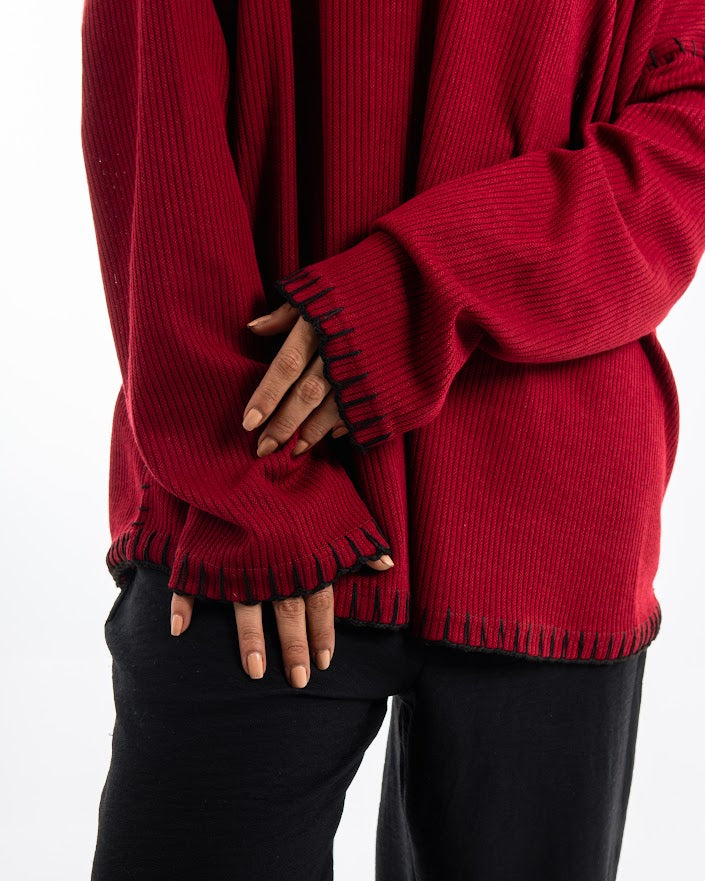 Red stitched ribbed  sweater