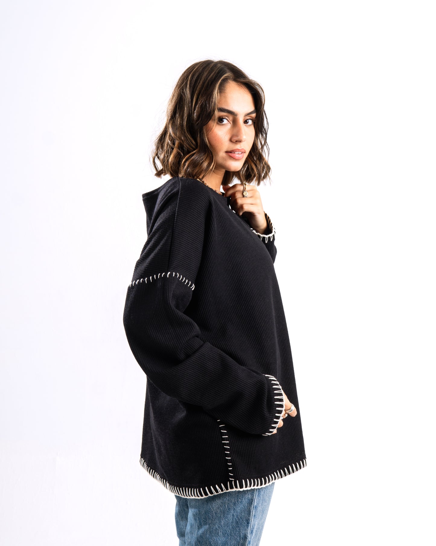 Black stitched ribbed sweater